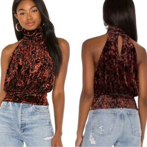 Free People Take a Break Mock-Neck Velvet Halter Top Black and Orange Size XS